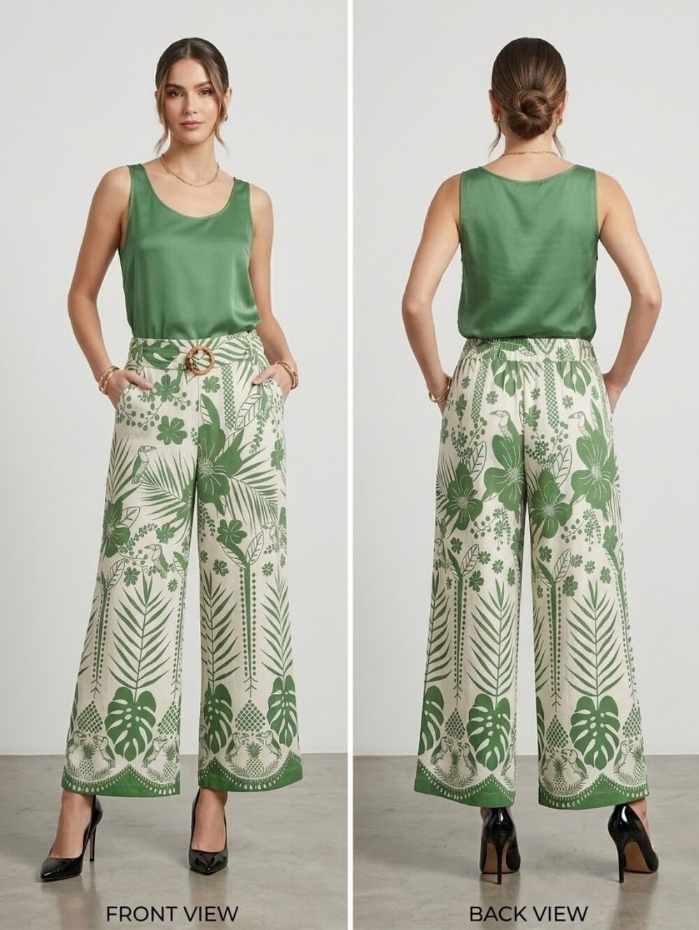 Sigrid Olsen Green Botanical Print Wide-Leg Pants